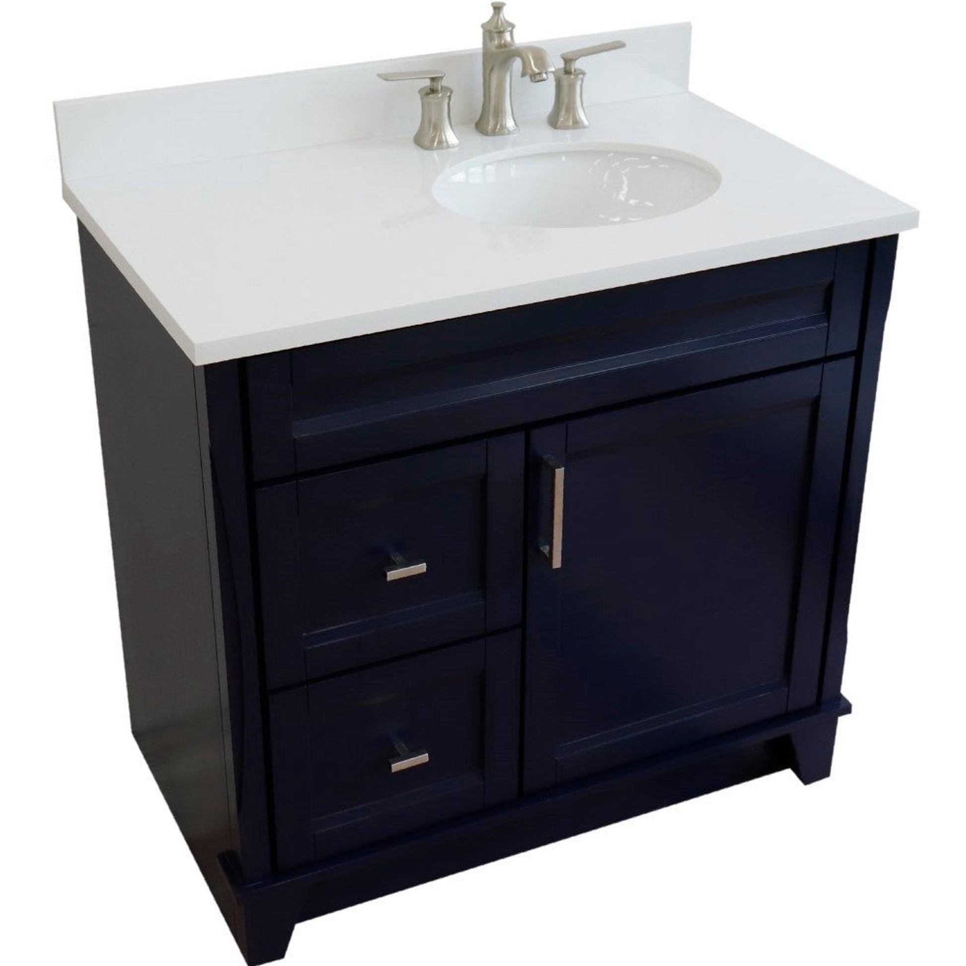 Bellaterra Home Terni 37" 1-Door 2-Drawer Blue Freestanding Vanity Set With Ceramic Right Offset Undermount Oval Sink and White Quartz Top, and Right Door Base