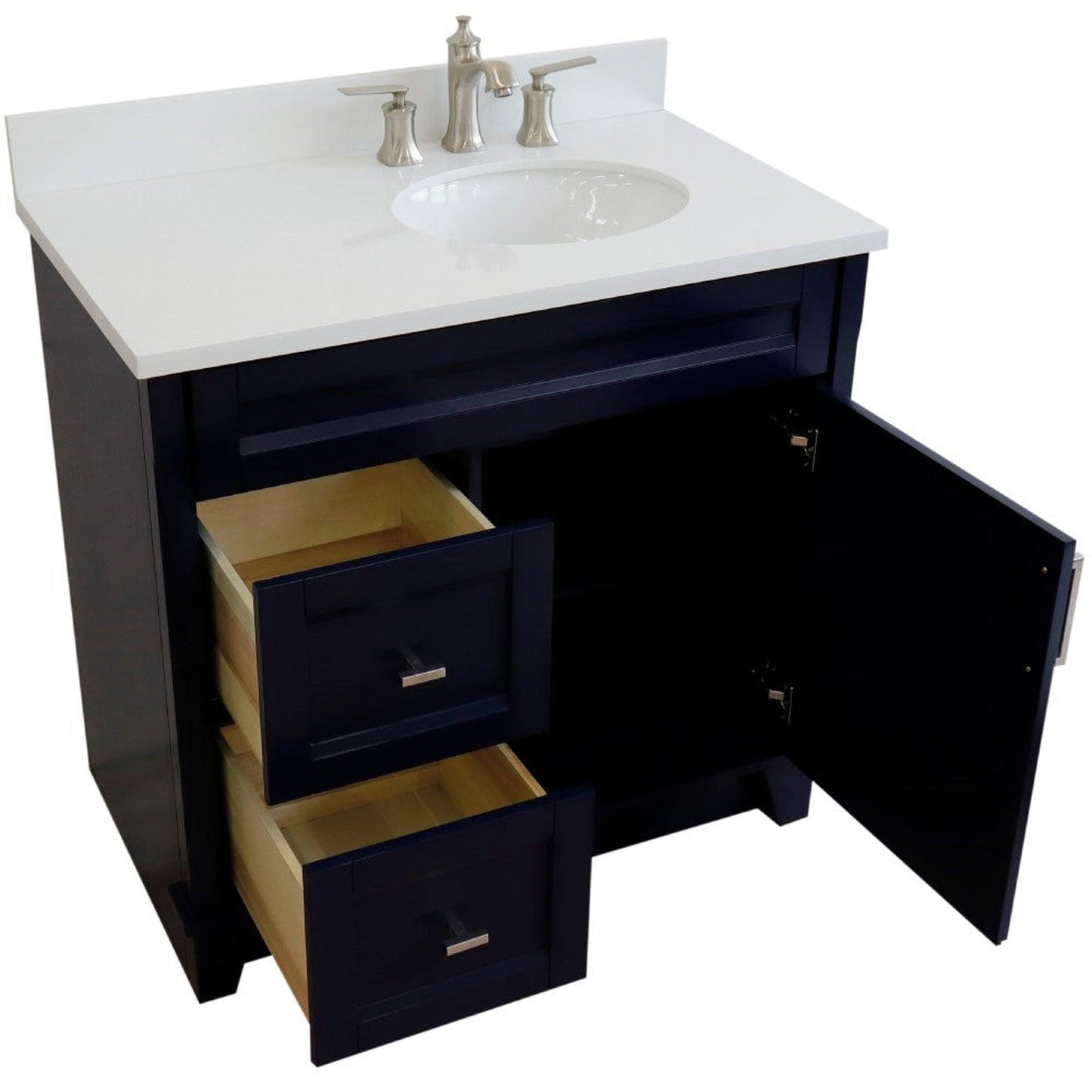 Bellaterra Home Terni 37" 1-Door 2-Drawer Blue Freestanding Vanity Set With Ceramic Right Offset Undermount Oval Sink and White Quartz Top, and Right Door Base