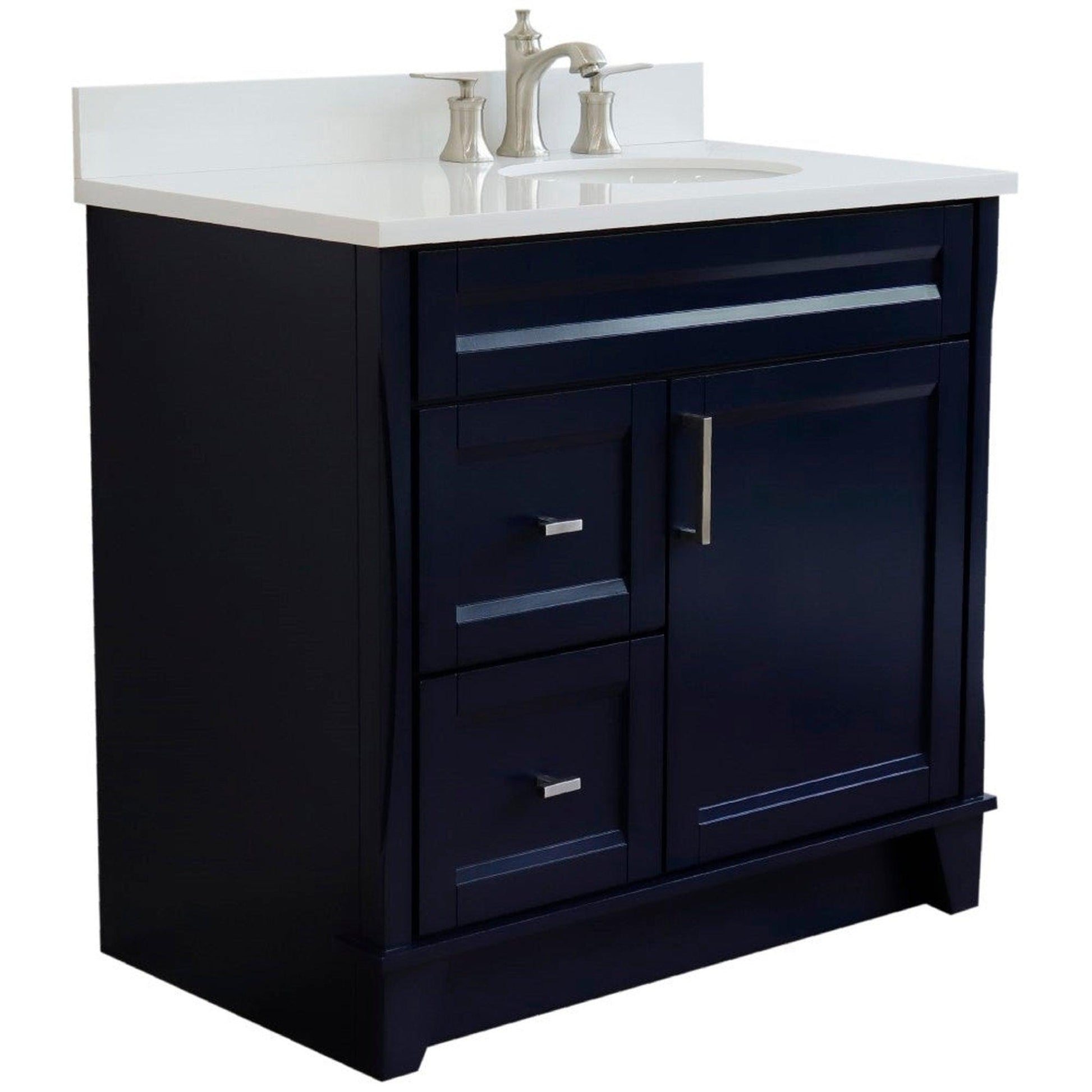 Bellaterra Home Terni 37" 1-Door 2-Drawer Blue Freestanding Vanity Set With Ceramic Right Offset Undermount Oval Sink and White Quartz Top, and Right Door Base