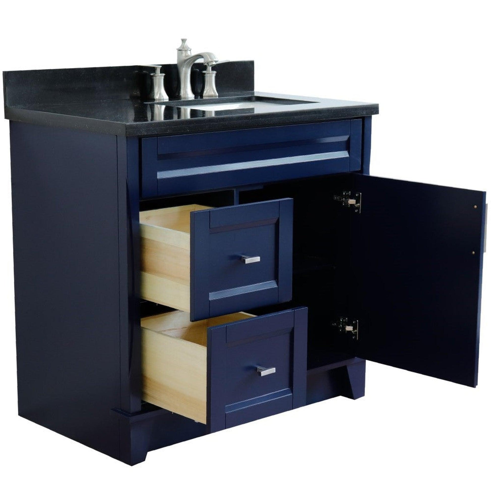 Bellaterra Home Terni 37" 1-Door 2-Drawer Blue Freestanding Vanity Set With Ceramic Right Offset Undermount Rectangular Sink and Black Galaxy Granite Top, and Right Door Base