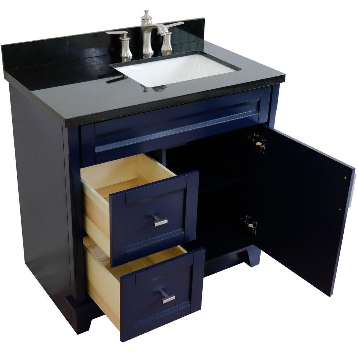 Bellaterra Home Terni 37" 1-Door 2-Drawer Blue Freestanding Vanity Set With Ceramic Right Offset Undermount Rectangular Sink and Black Galaxy Granite Top, and Right Door Base