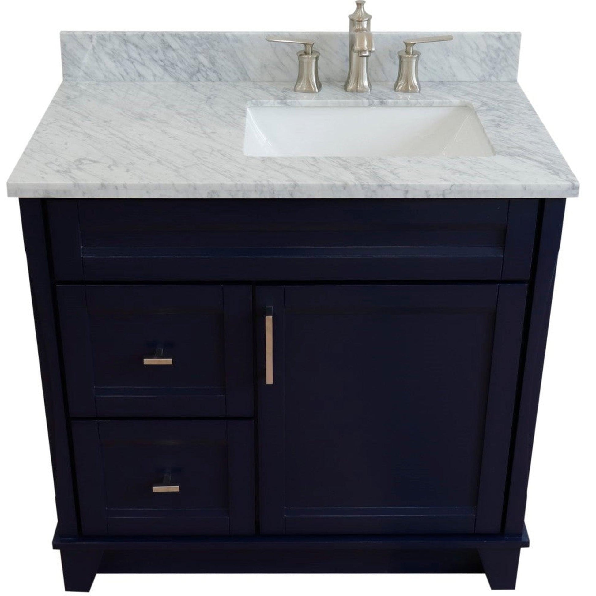 Bellaterra Home Terni 37" 1-Door 2-Drawer Blue Freestanding Vanity Set With Ceramic Right Offset Undermount Rectangular Sink and White Carrara Marble Top, and Right Door Base