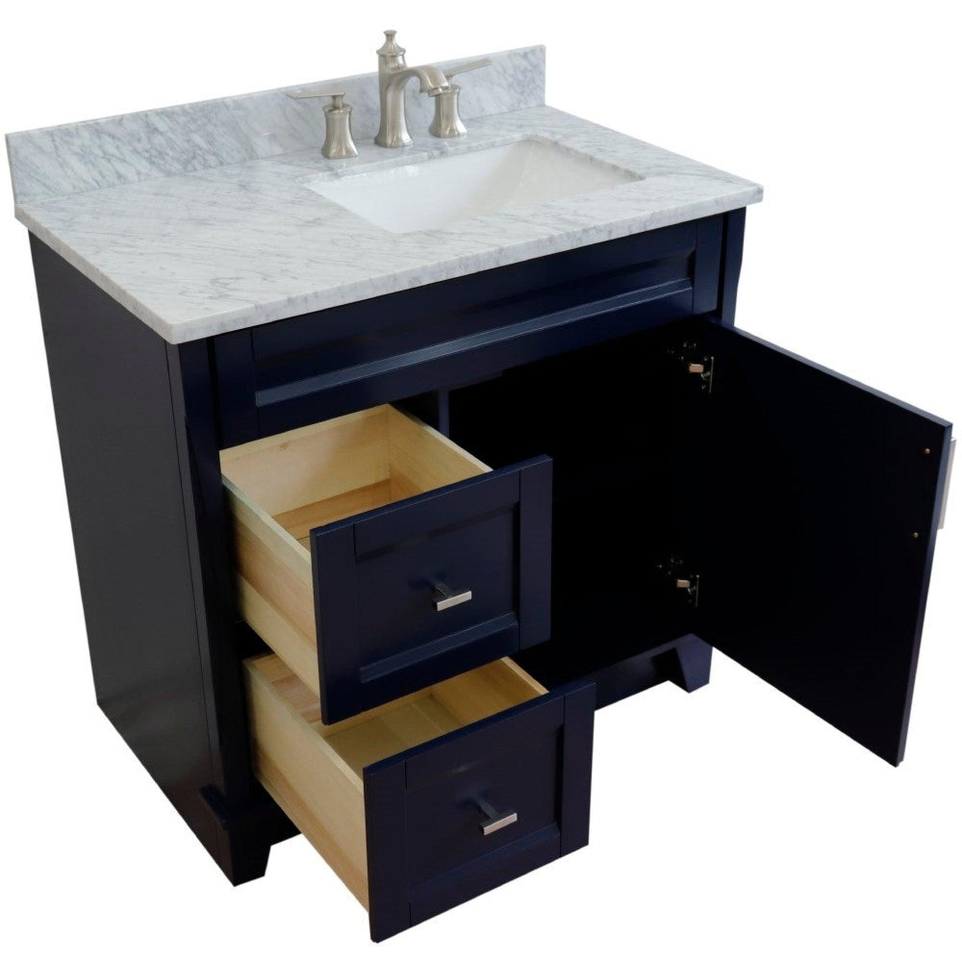 Bellaterra Home Terni 37" 1-Door 2-Drawer Blue Freestanding Vanity Set With Ceramic Right Offset Undermount Rectangular Sink and White Carrara Marble Top, and Right Door Base