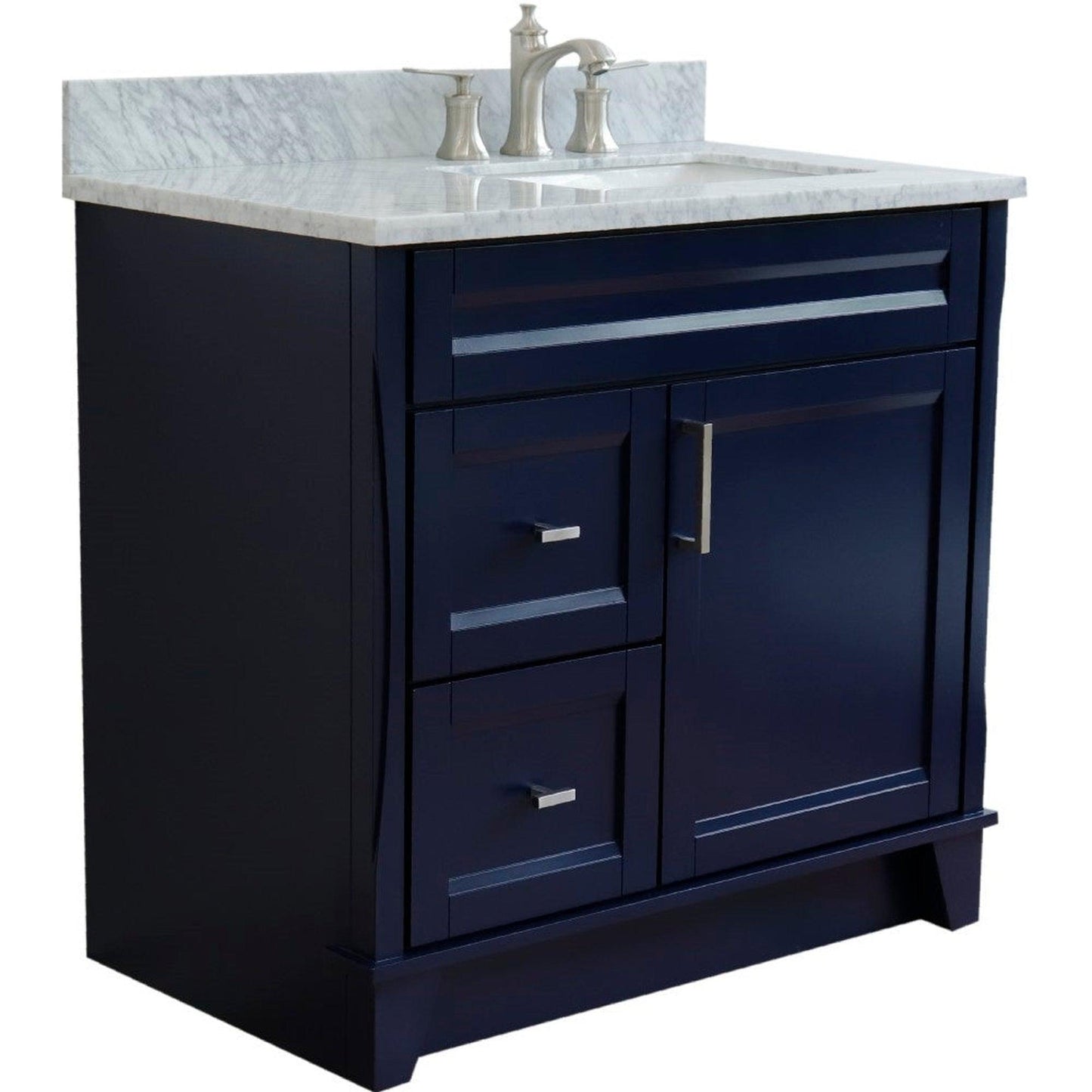 Bellaterra Home Terni 37" 1-Door 2-Drawer Blue Freestanding Vanity Set With Ceramic Right Offset Undermount Rectangular Sink and White Carrara Marble Top, and Right Door Base