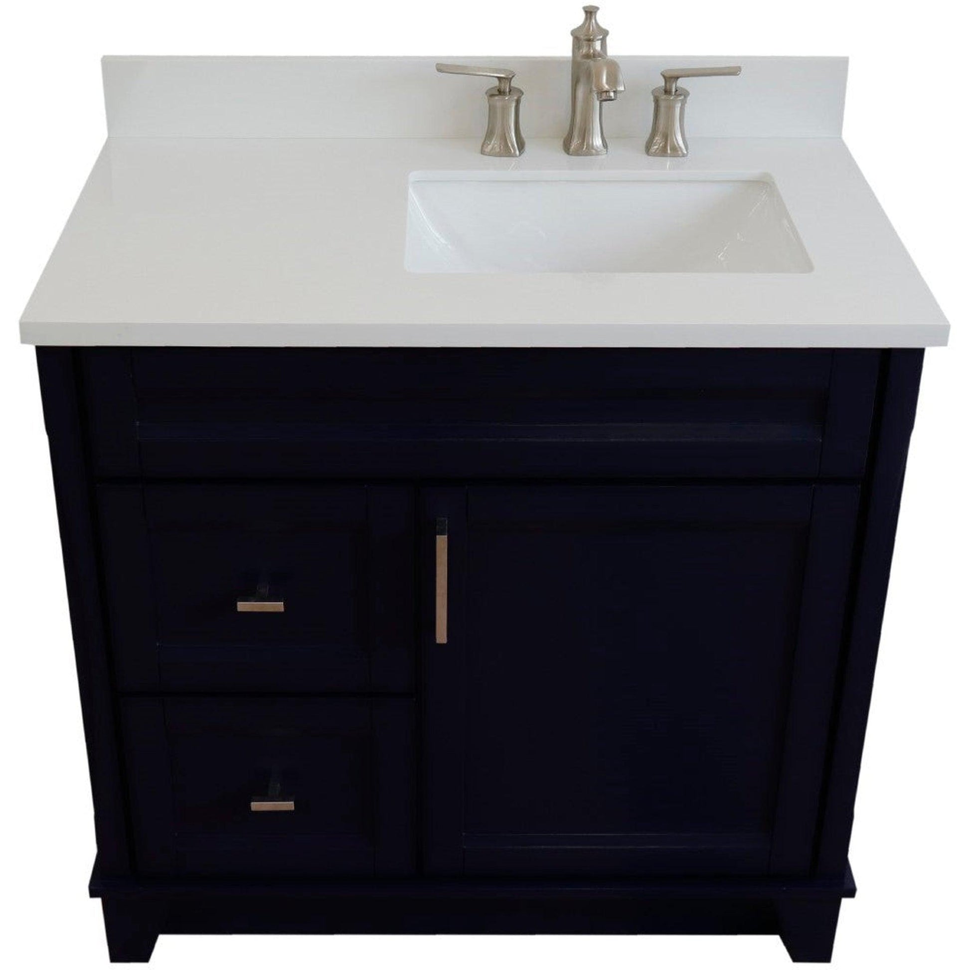 Bellaterra Home Terni 37" 1-Door 2-Drawer Blue Freestanding Vanity Set With Ceramic Right Offset Undermount Rectangular Sink and White Quartz Top, and Right Door Base