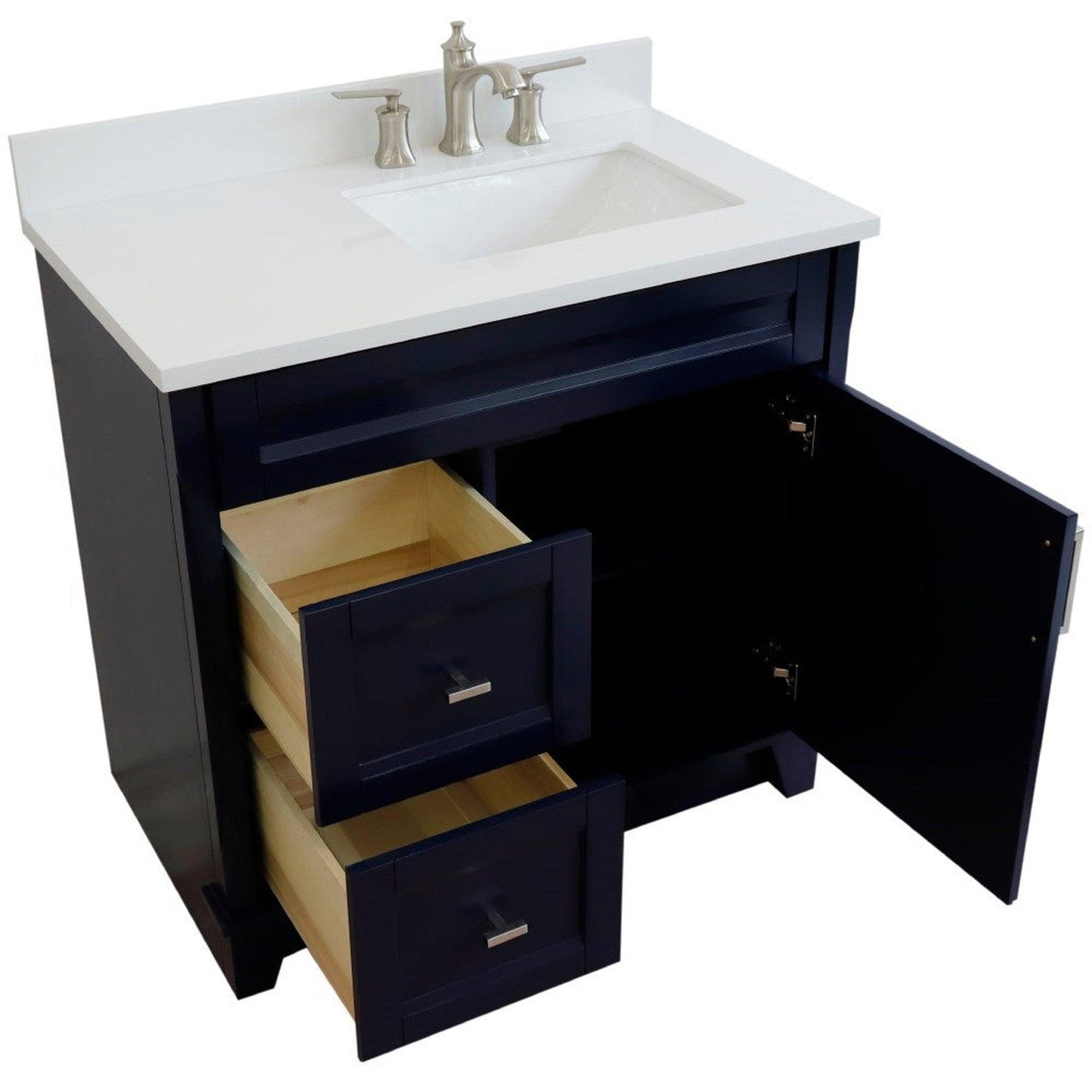 Bellaterra Home Terni 37" 1-Door 2-Drawer Blue Freestanding Vanity Set With Ceramic Right Offset Undermount Rectangular Sink and White Quartz Top, and Right Door Base