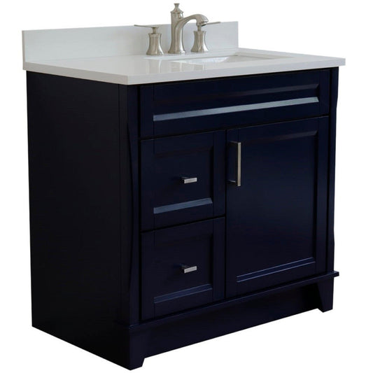 Bellaterra Home Terni 37" 1-Door 2-Drawer Blue Freestanding Vanity Set With Ceramic Right Offset Undermount Rectangular Sink and White Quartz Top, and Right Door Base