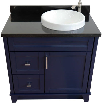 Bellaterra Home Terni 37" 1-Door 2-Drawer Blue Freestanding Vanity Set With Ceramic Right Offset Vessel Sink and Black Galaxy Granite Top, and Right Door Base