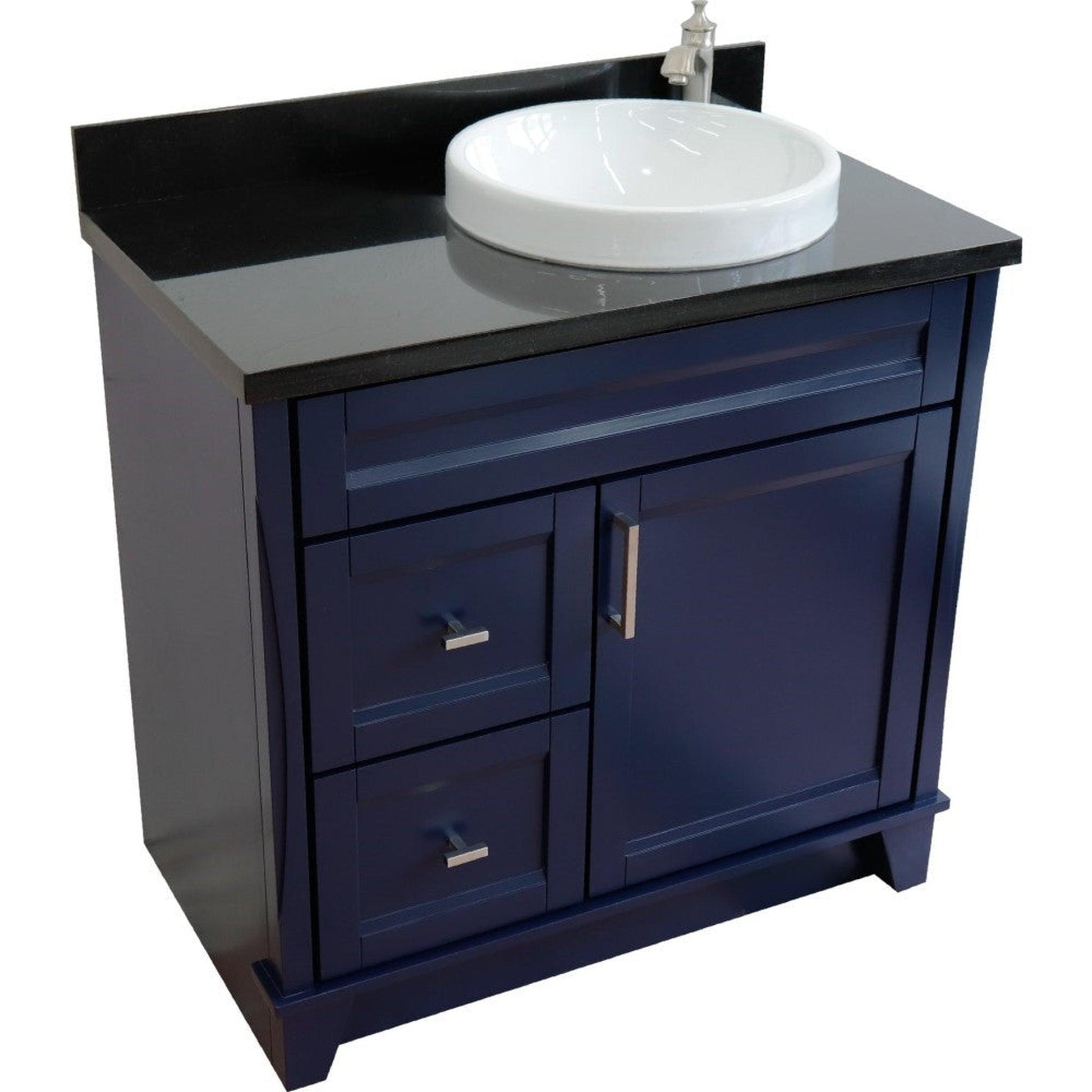 Bellaterra Home Terni 37" 1-Door 2-Drawer Blue Freestanding Vanity Set With Ceramic Right Offset Vessel Sink and Black Galaxy Granite Top, and Right Door Base