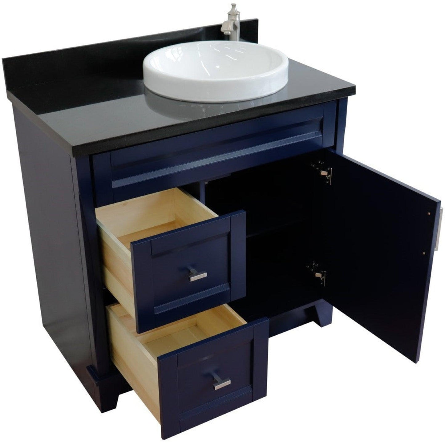 Bellaterra Home Terni 37" 1-Door 2-Drawer Blue Freestanding Vanity Set With Ceramic Right Offset Vessel Sink and Black Galaxy Granite Top, and Right Door Base