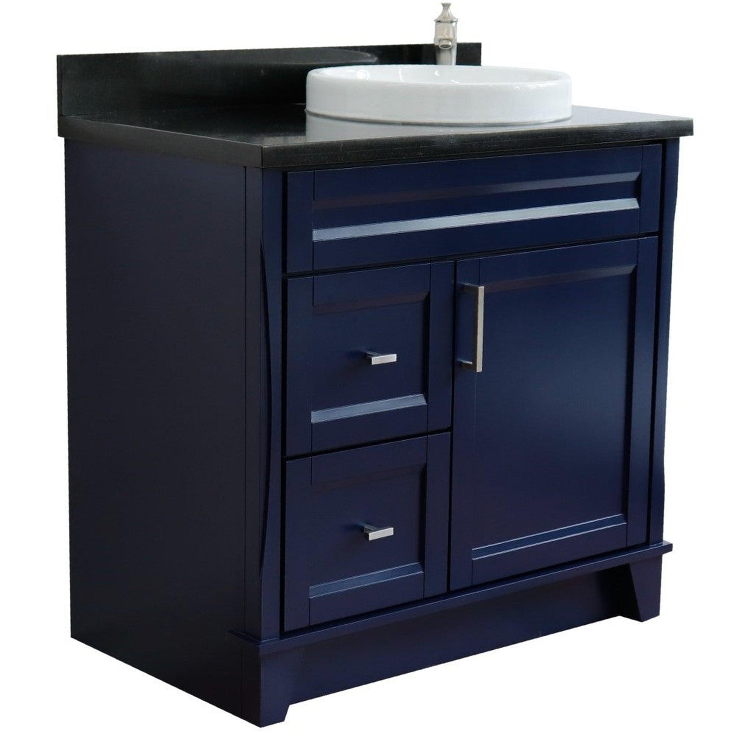 Bellaterra Home Terni 37" 1-Door 2-Drawer Blue Freestanding Vanity Set With Ceramic Right Offset Vessel Sink and Black Galaxy Granite Top, and Right Door Base