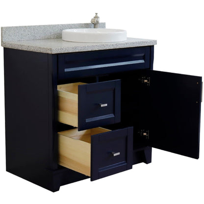 Bellaterra Home Terni 37" 1-Door 2-Drawer Blue Freestanding Vanity Set With Ceramic Right Offset Vessel Sink and Gray Granite Top, and Right Door Base