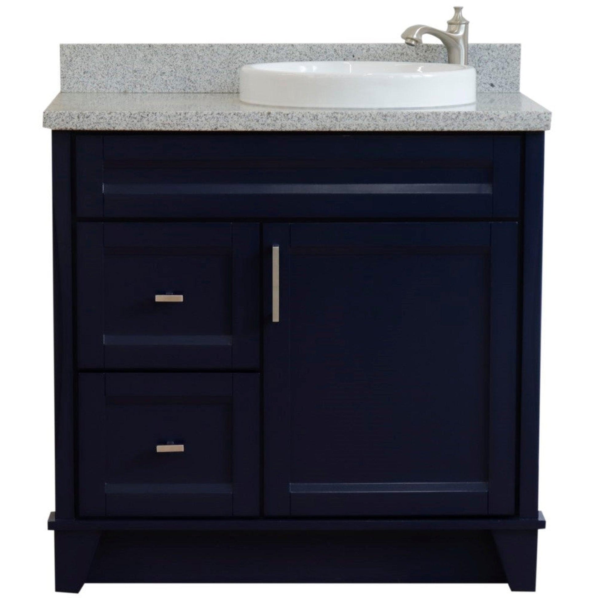 Bellaterra Home Terni 37" 1-Door 2-Drawer Blue Freestanding Vanity Set With Ceramic Right Offset Vessel Sink and Gray Granite Top, and Right Door Base