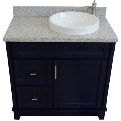 Bellaterra Home Terni 37" 1-Door 2-Drawer Blue Freestanding Vanity Set With Ceramic Right Offset Vessel Sink and Gray Granite Top, and Right Door Base