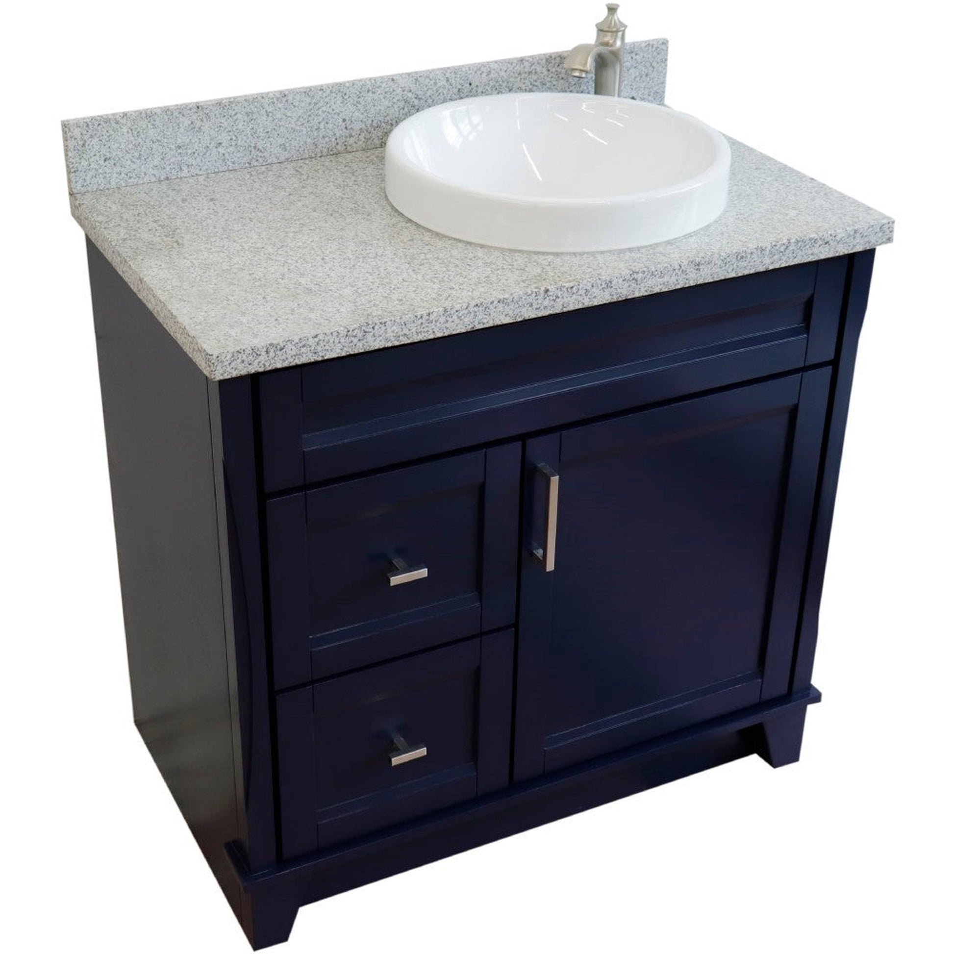 Bellaterra Home Terni 37" 1-Door 2-Drawer Blue Freestanding Vanity Set With Ceramic Right Offset Vessel Sink and Gray Granite Top, and Right Door Base