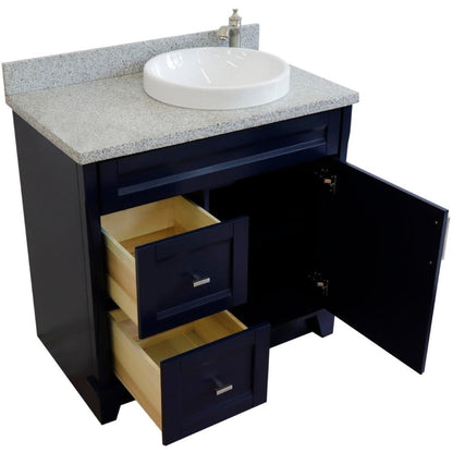 Bellaterra Home Terni 37" 1-Door 2-Drawer Blue Freestanding Vanity Set With Ceramic Right Offset Vessel Sink and Gray Granite Top, and Right Door Base