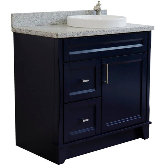 Bellaterra Home Terni 37" 1-Door 2-Drawer Blue Freestanding Vanity Set With Ceramic Right Offset Vessel Sink and Gray Granite Top, and Right Door Base