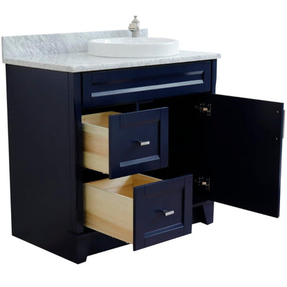 Bellaterra Home Terni 37" 1-Door 2-Drawer Blue Freestanding Vanity Set With Ceramic Right Offset Vessel Sink and White Carrara Marble Top, and Right Door Base