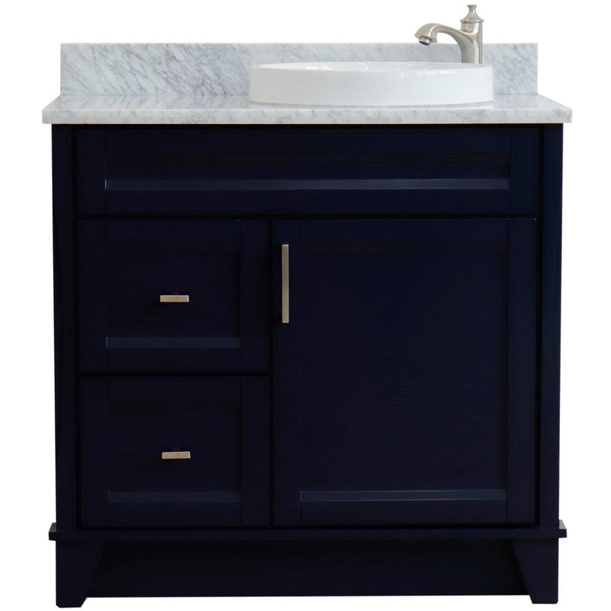 Bellaterra Home Terni 37" 1-Door 2-Drawer Blue Freestanding Vanity Set With Ceramic Right Offset Vessel Sink and White Carrara Marble Top, and Right Door Base
