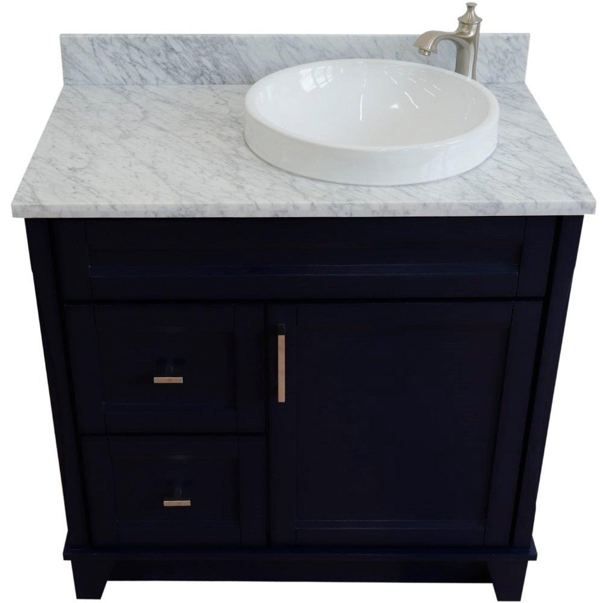 Bellaterra Home Terni 37" 1-Door 2-Drawer Blue Freestanding Vanity Set With Ceramic Right Offset Vessel Sink and White Carrara Marble Top, and Right Door Base