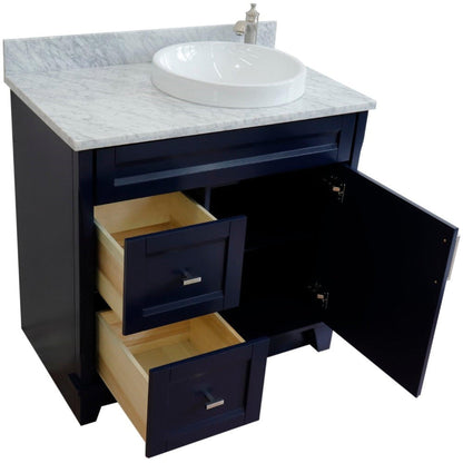 Bellaterra Home Terni 37" 1-Door 2-Drawer Blue Freestanding Vanity Set With Ceramic Right Offset Vessel Sink and White Carrara Marble Top, and Right Door Base