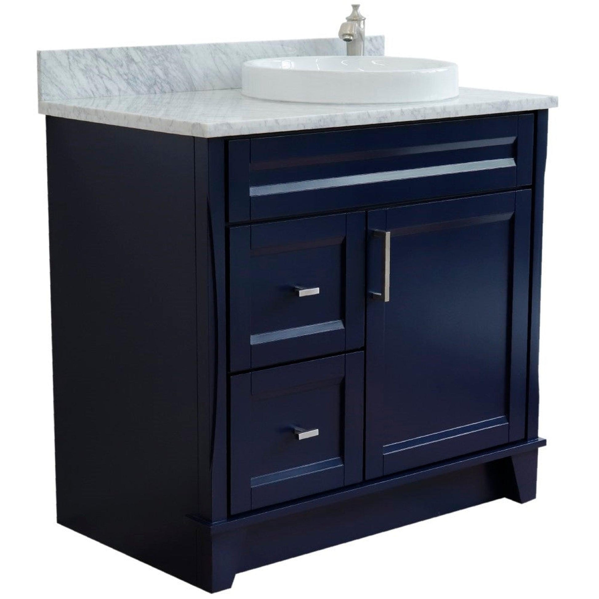 Bellaterra Home Terni 37" 1-Door 2-Drawer Blue Freestanding Vanity Set With Ceramic Right Offset Vessel Sink and White Carrara Marble Top, and Right Door Base