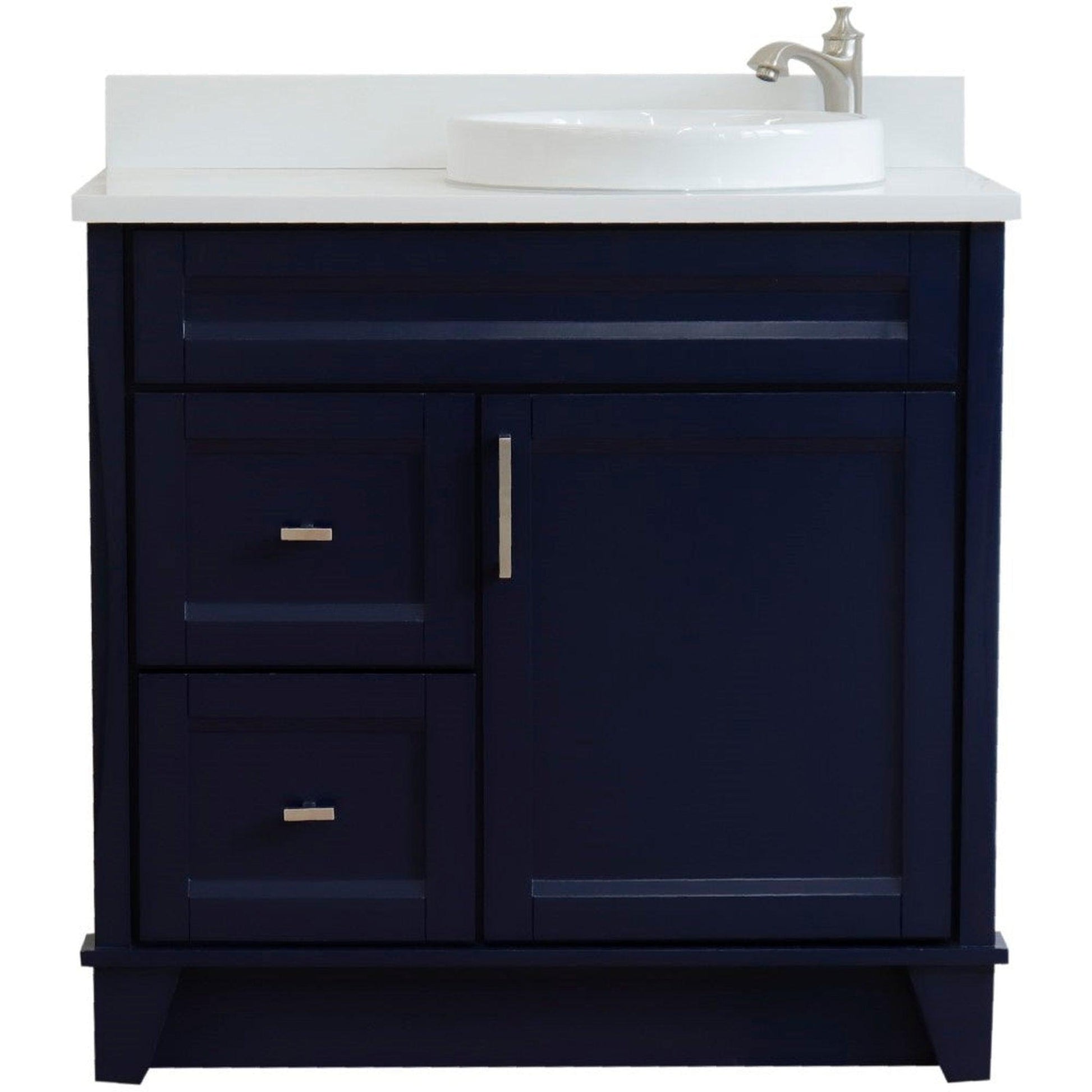 Bellaterra Home Terni 37" 1-Door 2-Drawer Blue Freestanding Vanity Set With Ceramic Right Offset Vessel Sink and White Quartz Top, and Right Door Base