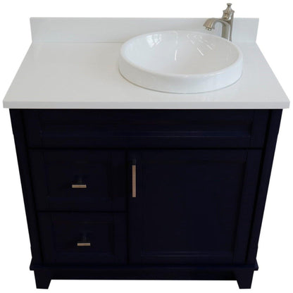 Bellaterra Home Terni 37" 1-Door 2-Drawer Blue Freestanding Vanity Set With Ceramic Right Offset Vessel Sink and White Quartz Top, and Right Door Base