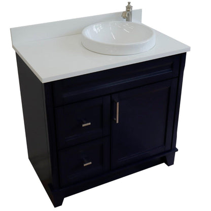 Bellaterra Home Terni 37" 1-Door 2-Drawer Blue Freestanding Vanity Set With Ceramic Right Offset Vessel Sink and White Quartz Top, and Right Door Base