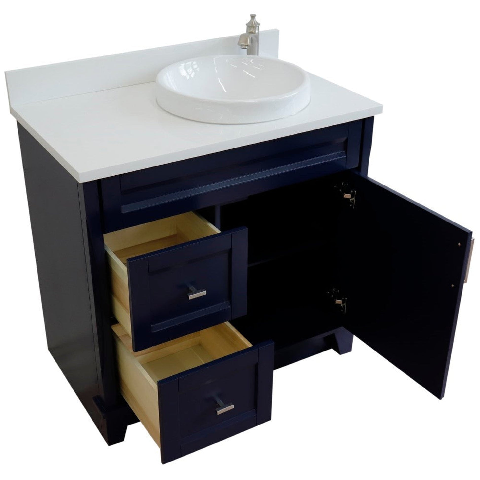 Bellaterra Home Terni 37" 1-Door 2-Drawer Blue Freestanding Vanity Set With Ceramic Right Offset Vessel Sink and White Quartz Top, and Right Door Base