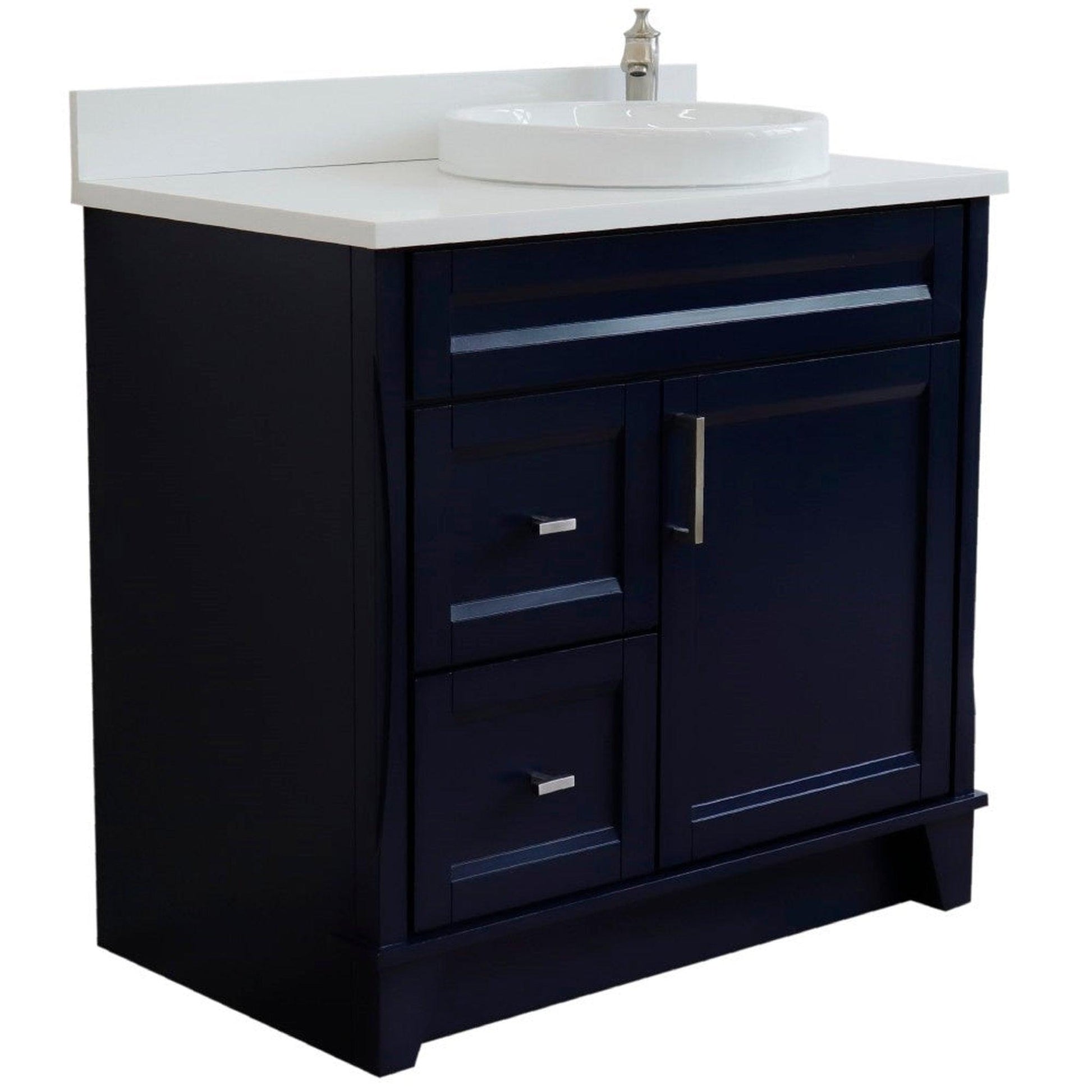 Bellaterra Home Terni 37" 1-Door 2-Drawer Blue Freestanding Vanity Set With Ceramic Right Offset Vessel Sink and White Quartz Top, and Right Door Base