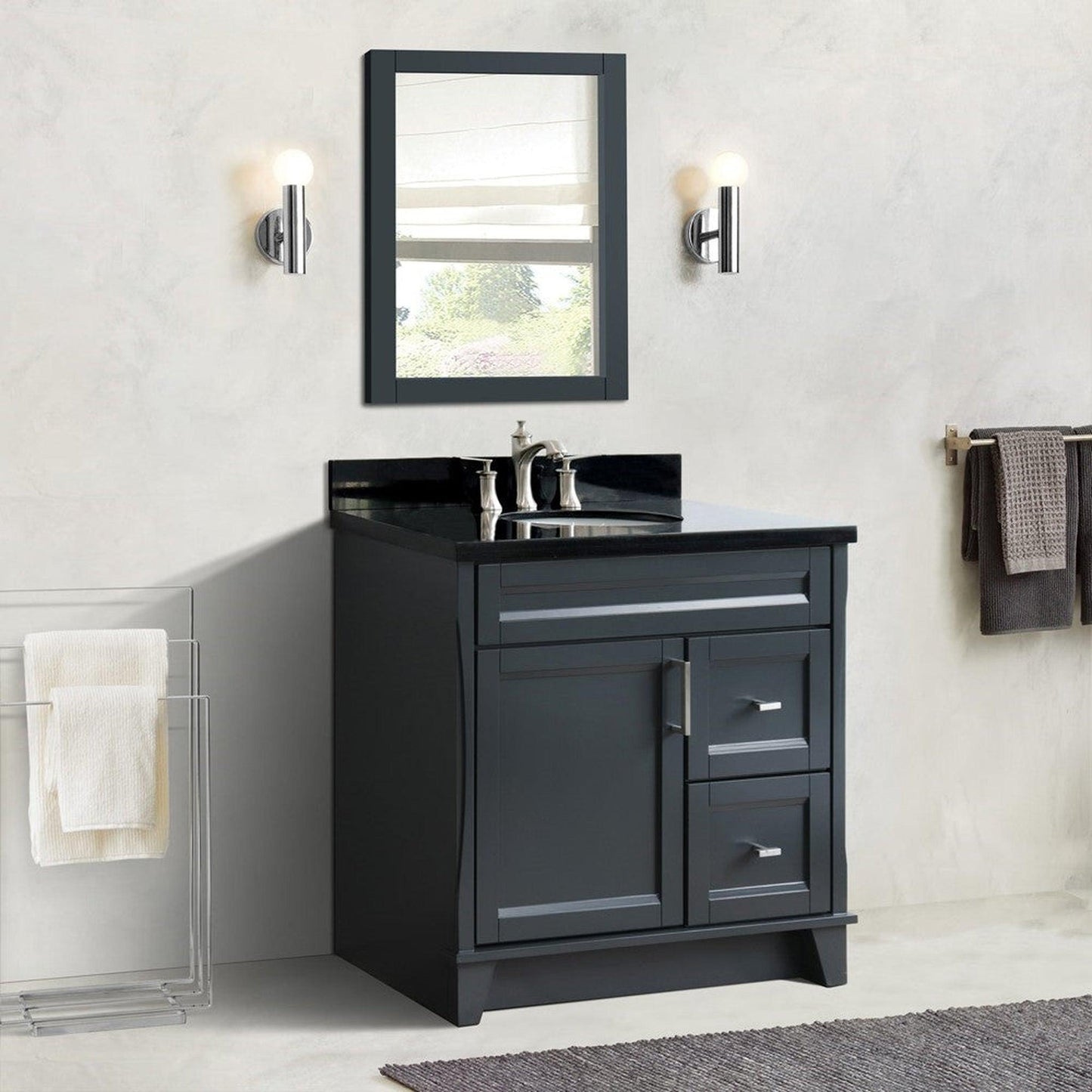 Bellaterra Home Terni 37" 1-Door 2-Drawer Dark Gray Freestanding Vanity Set With Ceramic Center Undermount Oval Sink and Black Galaxy Granite Top, and Left Door Base