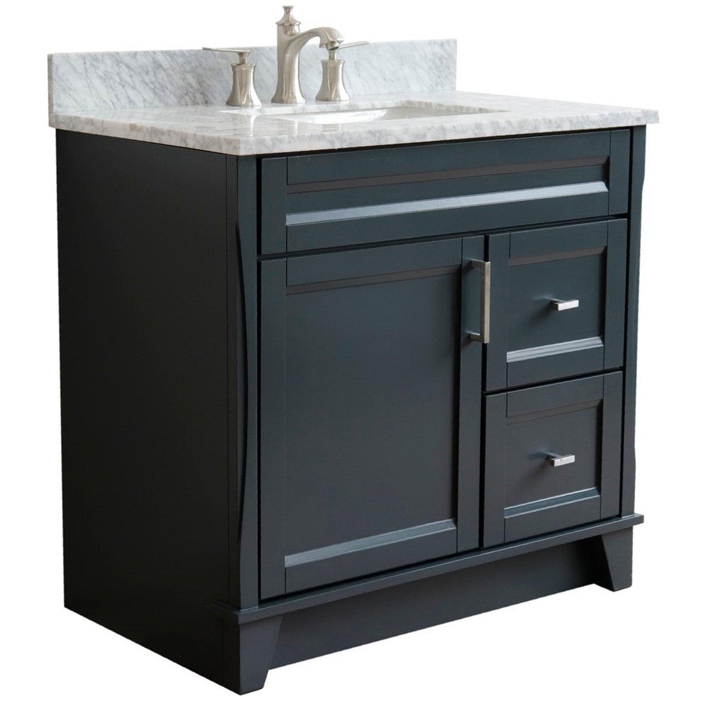 Bellaterra Home Terni 37" 1-Door 2-Drawer Dark Gray Freestanding Vanity Set With Ceramic Center Undermount Rectangular Sink and White Carrara Marble Top, and Left Door Base