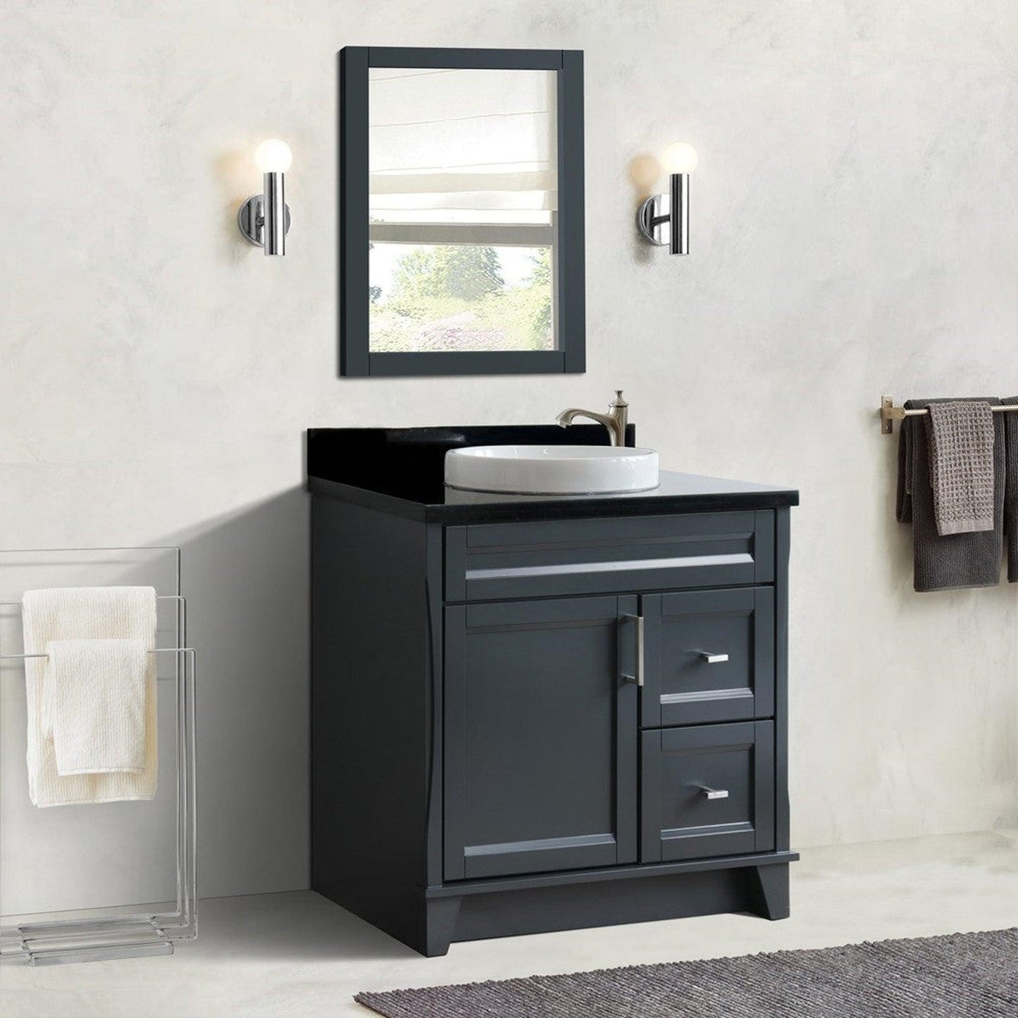 Bellaterra Home Terni 37" 1-Door 2-Drawer Dark Gray Freestanding Vanity Set With Ceramic Center Vessel Sink and Black Galaxy Granite Top, and Left Door Base