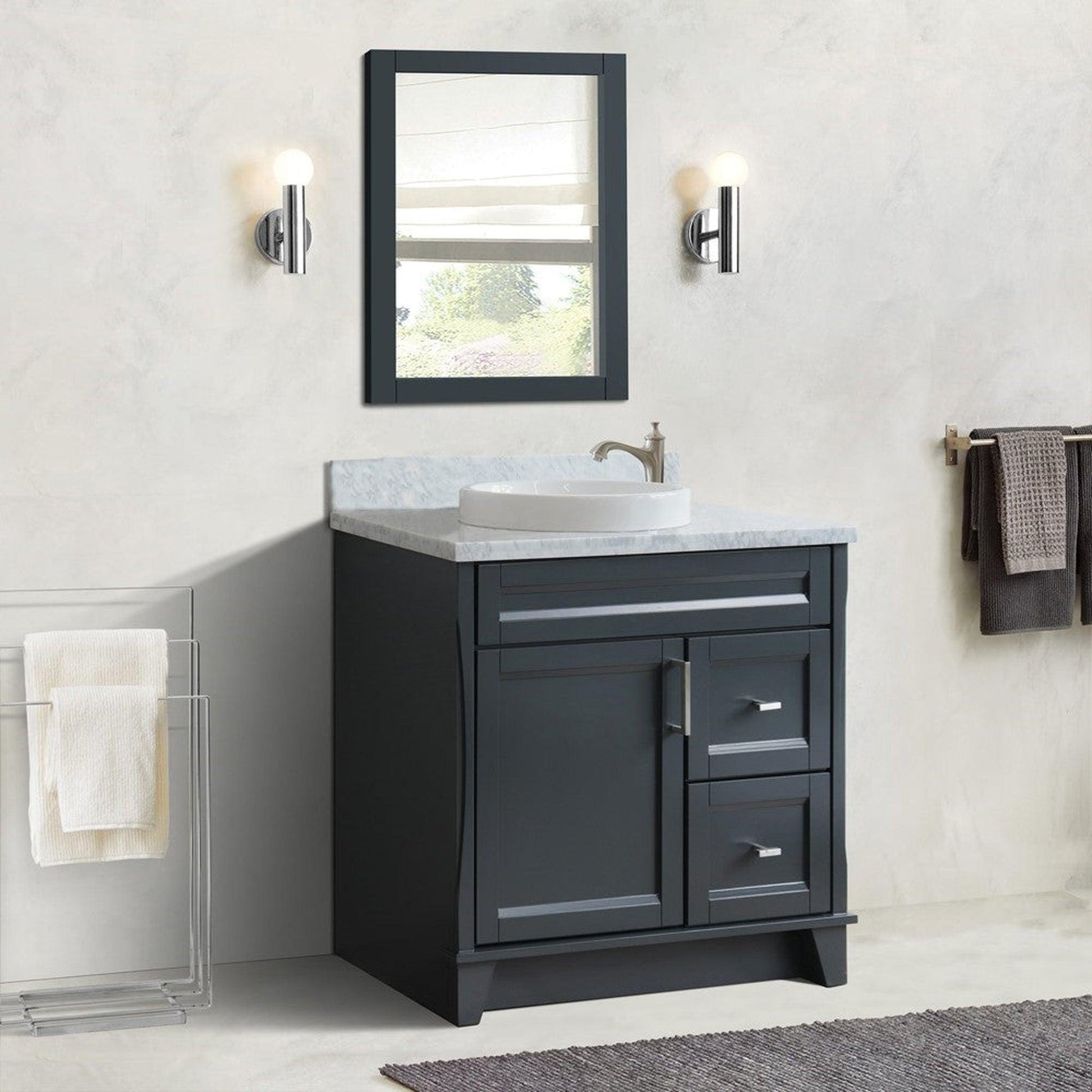 Bellaterra Home Terni 37" 1-Door 2-Drawer Dark Gray Freestanding Vanity Set With Ceramic Center Vessel Sink and White Carrara Marble Top, and Left Door Base