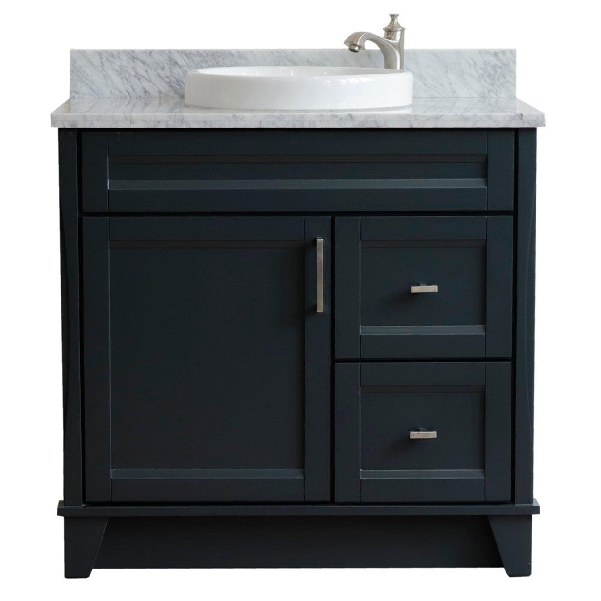 Bellaterra Home Terni 37" 1-Door 2-Drawer Dark Gray Freestanding Vanity Set With Ceramic Center Vessel Sink and White Carrara Marble Top, and Left Door Base