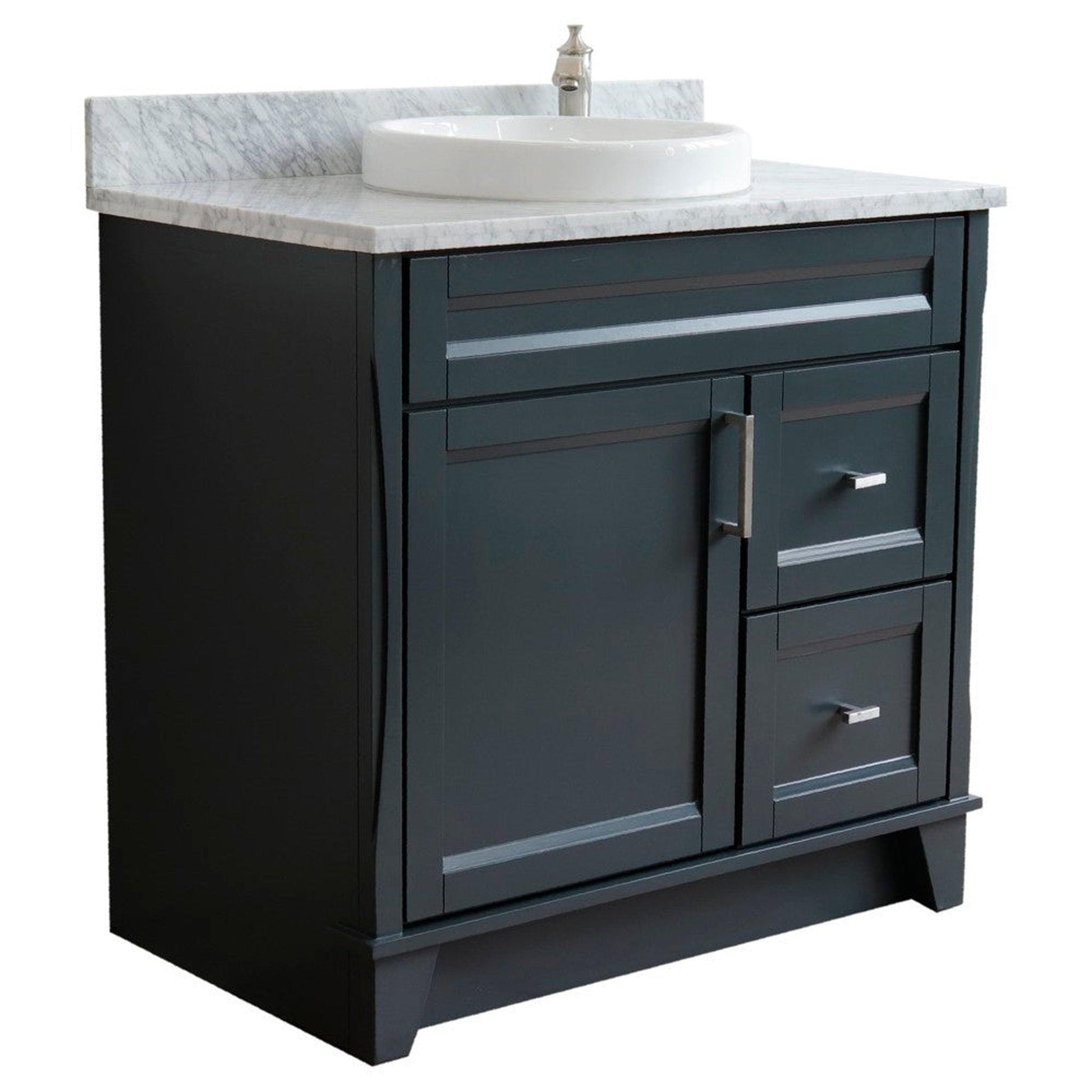 Bellaterra Home Terni 37" 1-Door 2-Drawer Dark Gray Freestanding Vanity Set With Ceramic Center Vessel Sink and White Carrara Marble Top, and Left Door Base