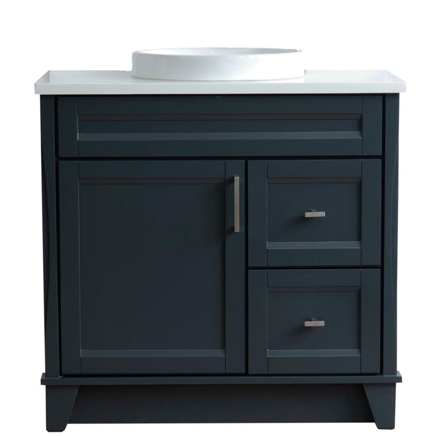 Bellaterra Home Terni 37" 1-Door 2-Drawer Dark Gray Freestanding Vanity Set With Ceramic Center Vessel Sink and White Quartz Top, and Left Door Base