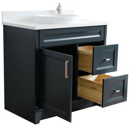 Bellaterra Home Terni 37" 1-Door 2-Drawer Dark Gray Freestanding Vanity Set With Ceramic Center Vessel Sink and White Quartz Top, and Left Door Base