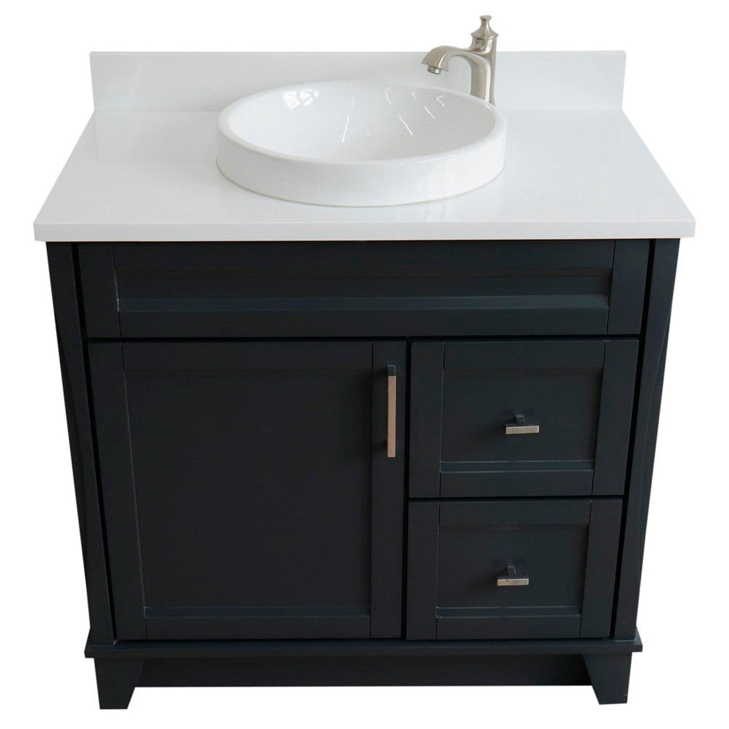 Bellaterra Home Terni 37" 1-Door 2-Drawer Dark Gray Freestanding Vanity Set With Ceramic Center Vessel Sink and White Quartz Top, and Left Door Base