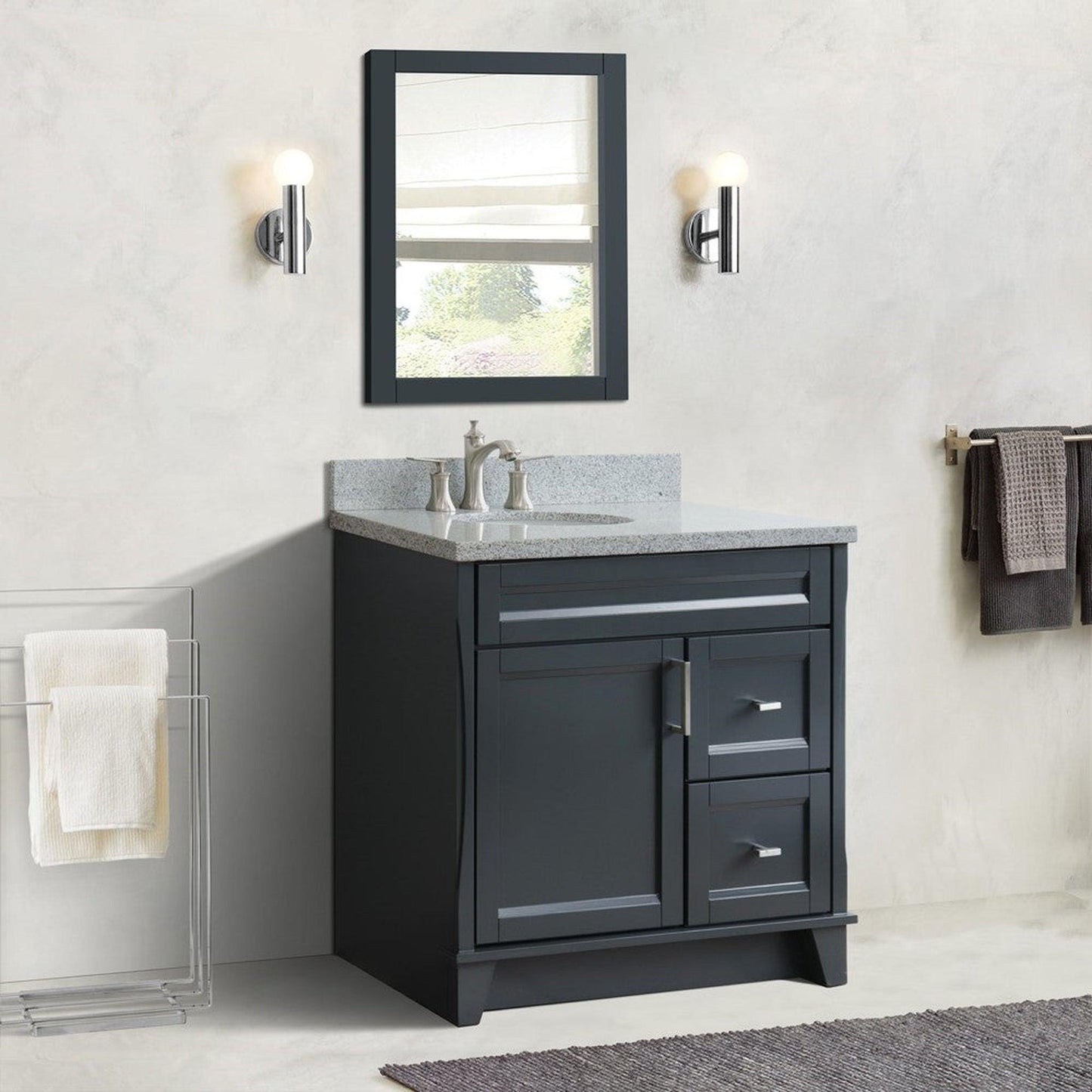 Bellaterra Home Terni 37" 1-Door 2-Drawer Dark Gray Freestanding Vanity Set With Ceramic Left Offset Undermount Oval Sink and Gray Granite Top, and Left Door Base