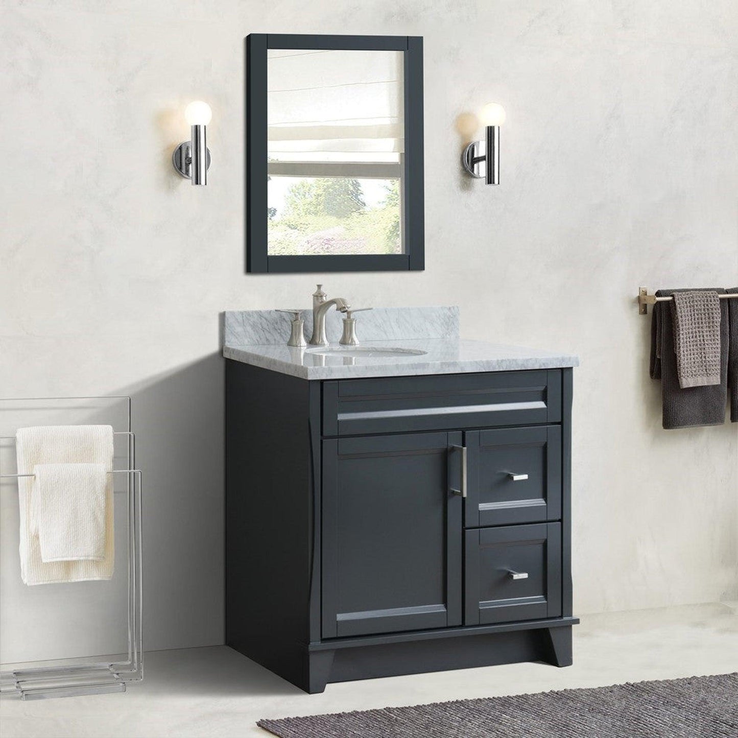 Bellaterra Home Terni 37" 1-Door 2-Drawer Dark Gray Freestanding Vanity Set With Ceramic Left Offset Undermount Oval Sink and White Carrara Marble Top, and Left Door Base