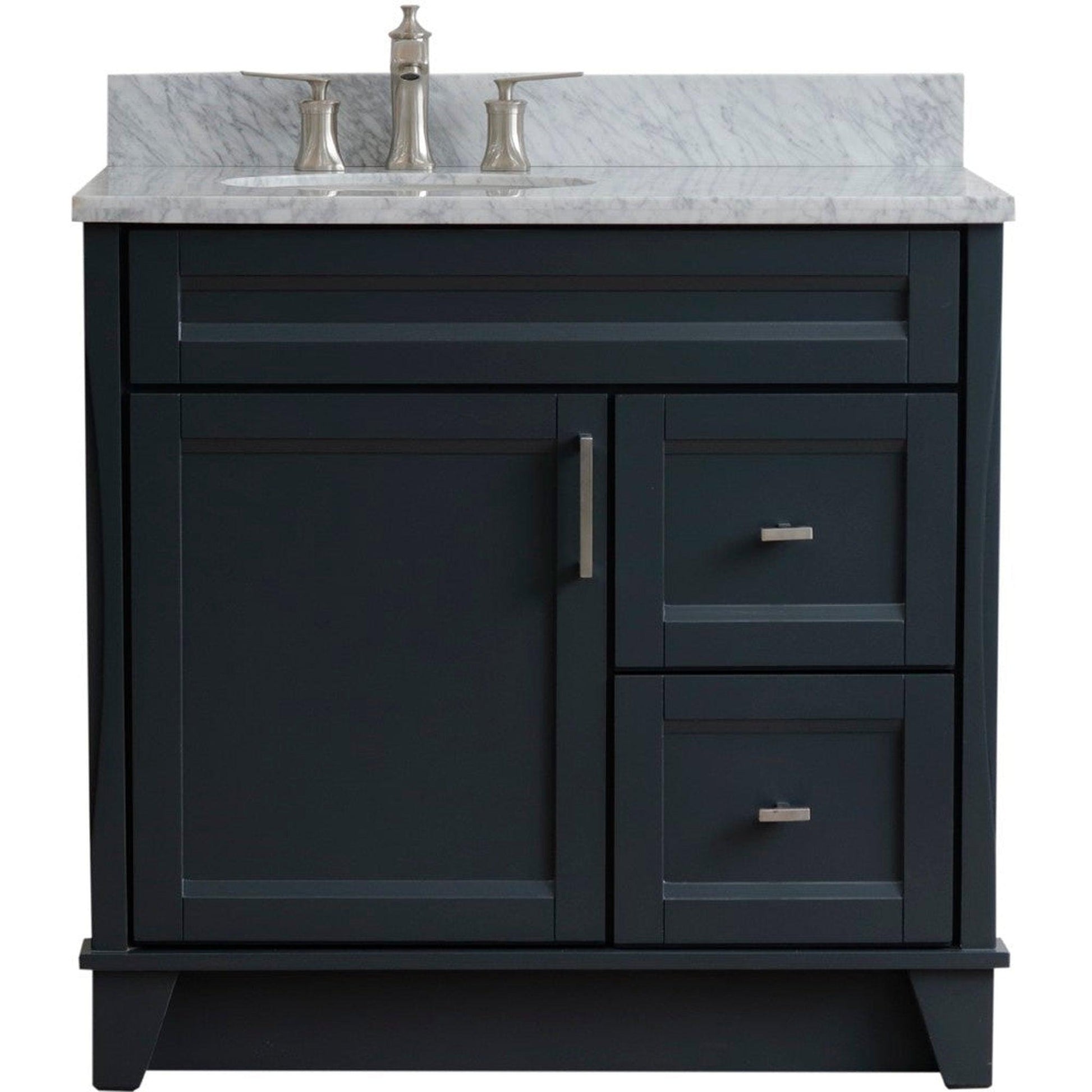 Bellaterra Home Terni 37" 1-Door 2-Drawer Dark Gray Freestanding Vanity Set With Ceramic Left Offset Undermount Oval Sink and White Carrara Marble Top, and Left Door Base