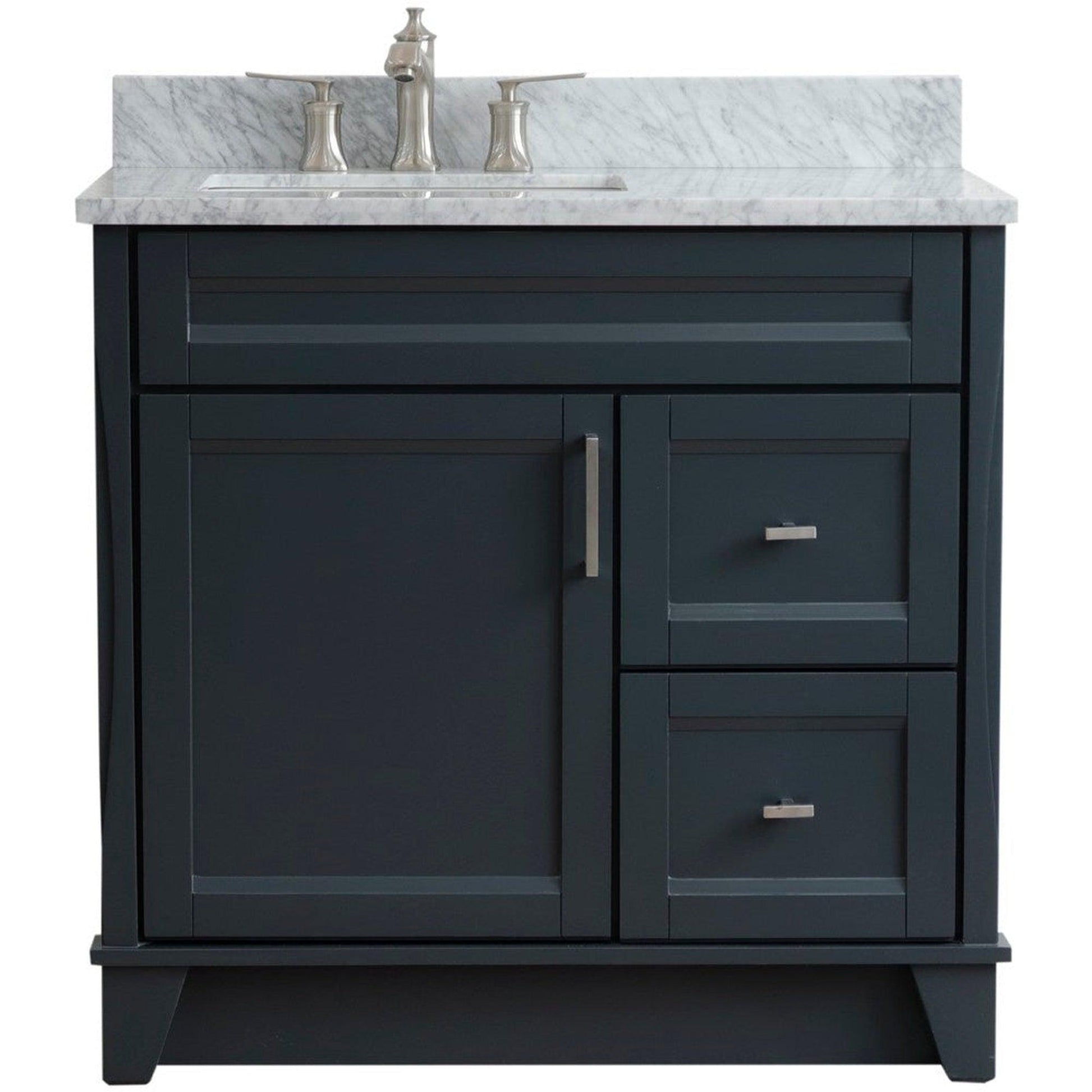 Bellaterra Home Terni 37" 1-Door 2-Drawer Dark Gray Freestanding Vanity Set With Ceramic Left Offset Undermount Rectangular Sink and White Carrara Marble Top, and Left Door Base