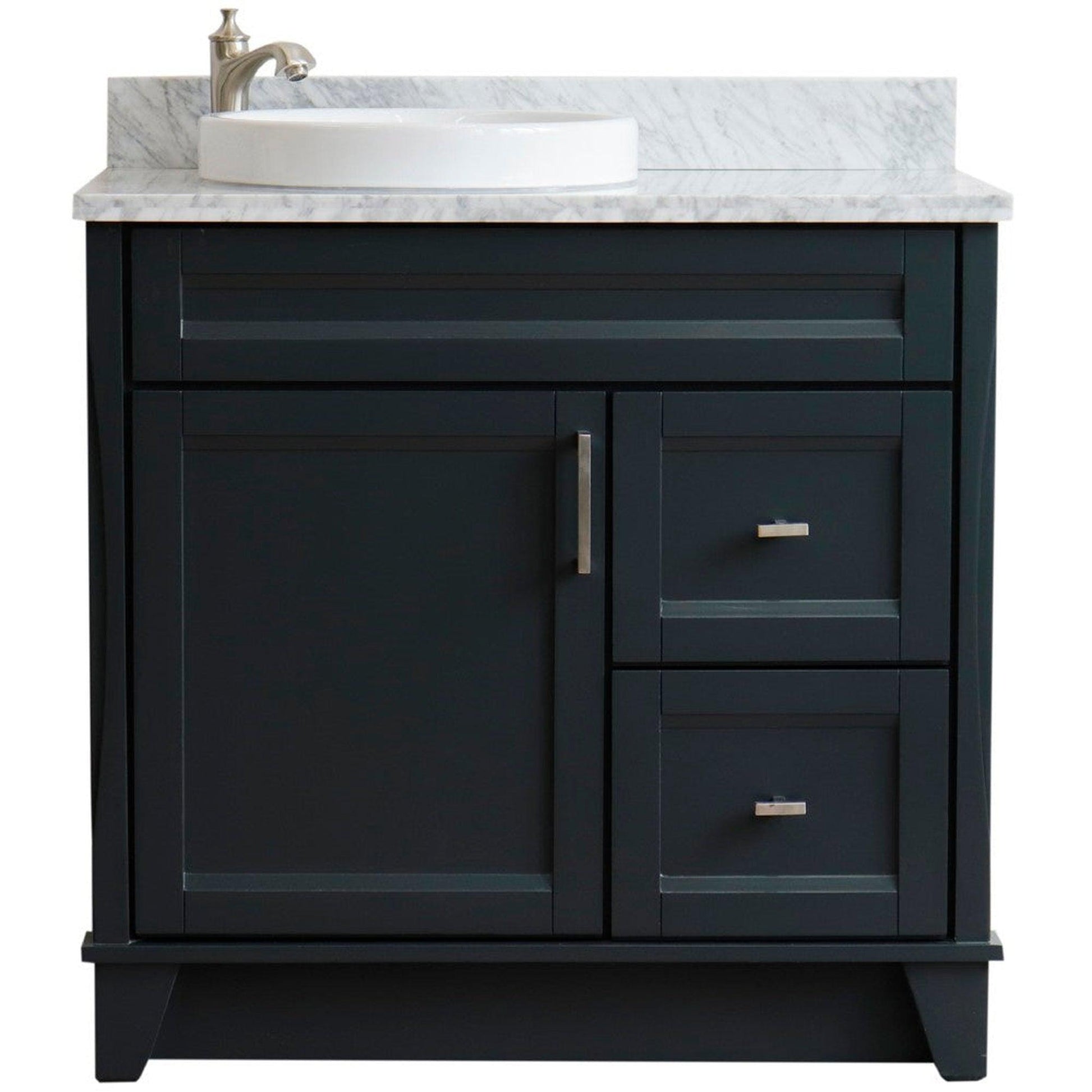 Bellaterra Home Terni 37" 1-Door 2-Drawer Dark Gray Freestanding Vanity Set With Ceramic Left Offset Vessel Sink and White Carrara Marble Top, and Left Door Base