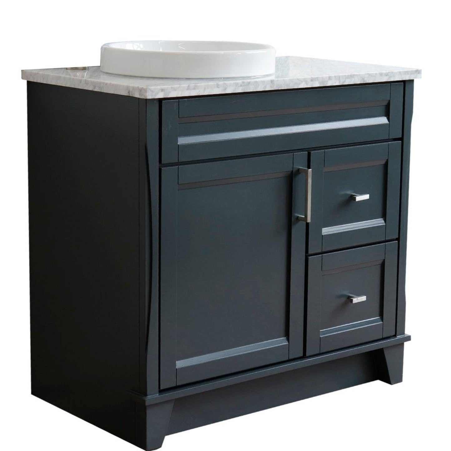 Bellaterra Home Terni 37" 1-Door 2-Drawer Dark Gray Freestanding Vanity Set With Ceramic Left Offset Vessel Sink and White Carrara Marble Top, and Left Door Base