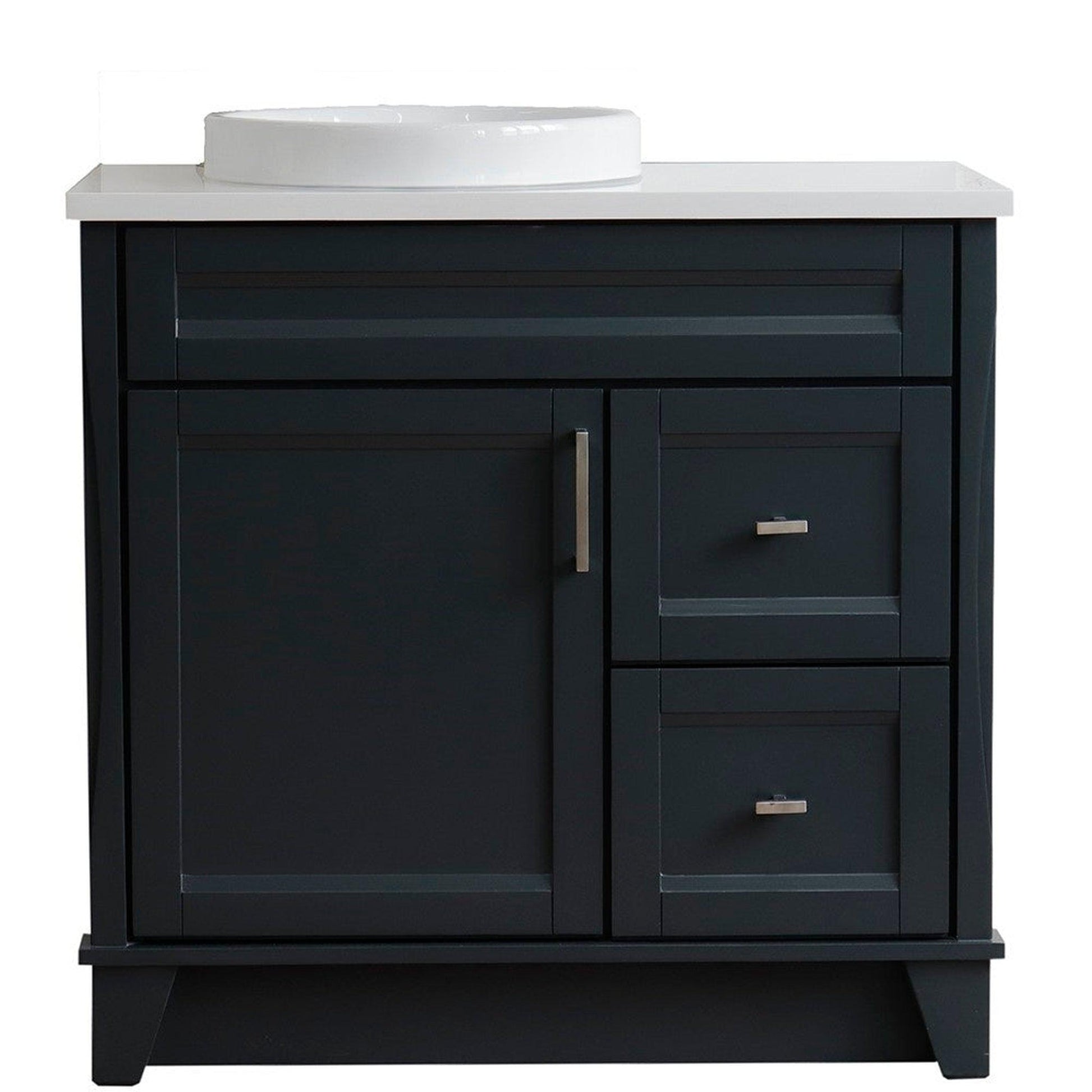 Bellaterra Home Terni 37" 1-Door 2-Drawer Dark Gray Freestanding Vanity Set With Ceramic Left Offset Vessel Sink and White Quartz Top, and Left Door Base