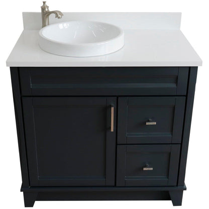 Bellaterra Home Terni 37" 1-Door 2-Drawer Dark Gray Freestanding Vanity Set With Ceramic Left Offset Vessel Sink and White Quartz Top, and Left Door Base