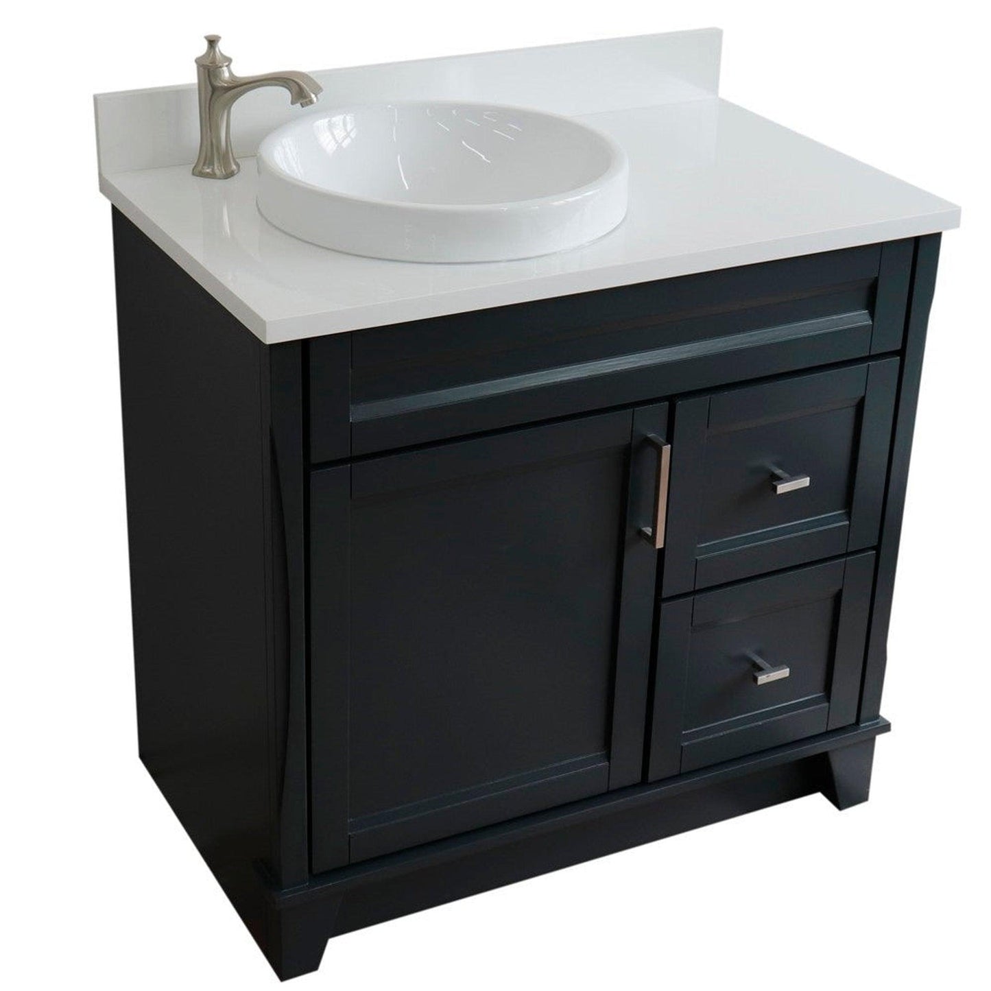 Bellaterra Home Terni 37" 1-Door 2-Drawer Dark Gray Freestanding Vanity Set With Ceramic Left Offset Vessel Sink and White Quartz Top, and Left Door Base