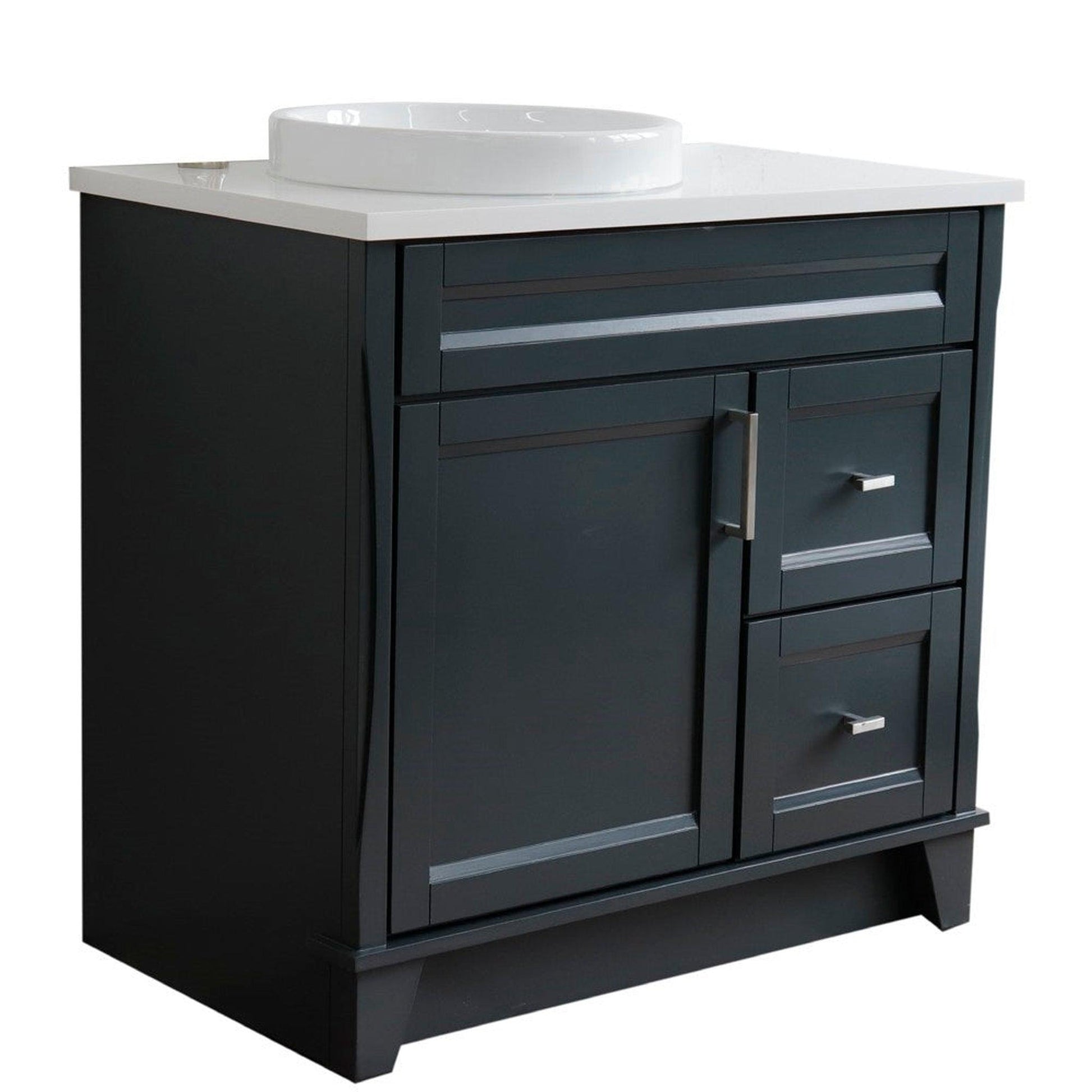 Bellaterra Home Terni 37" 1-Door 2-Drawer Dark Gray Freestanding Vanity Set With Ceramic Left Offset Vessel Sink and White Quartz Top, and Left Door Base